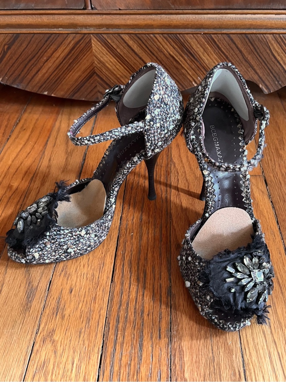 BCBGMaxAzria Brown Tweed Embellished Ankle-Strap Stiletto Peep Toe Pump
